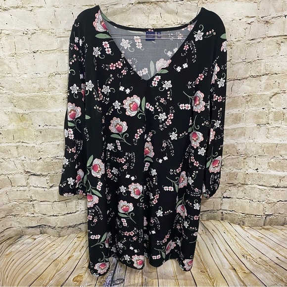 Kaari Blue Black Floral Print V Neck 3/4 Sleeve Dress - Picture 1 of 6